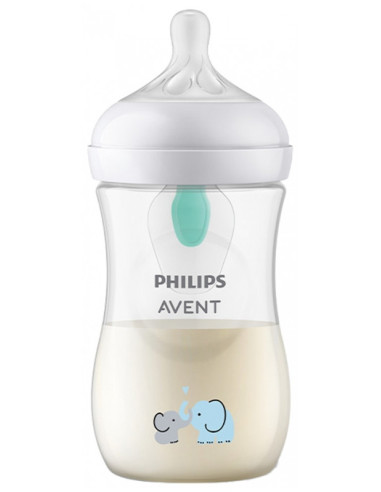 Avent Natural Response Biberon à Motif avec Valve AirFree 1 Mois et + - Modèle : Éléphant - 260 ml 