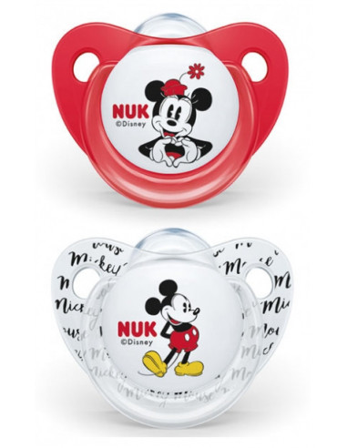 NUK 2 Sucettes Silicone Disney Baby 6-18 Mois - Modèle : Mickey Rouge/ Transparent