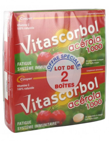 Vitascorbol Acérola 1000 - Lot de 2 x 30 Comprimés à Croquer