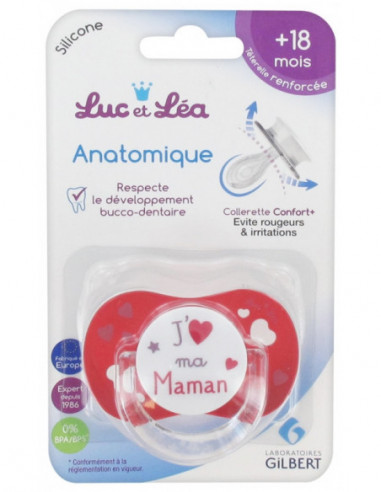 Luc et Léa Sucette Silicone Anatomique avec Anneau " J'aime ma Maman" - 18 Mois et + 