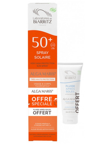 Biarritz Alga Maris Spray Solaire Visage et Corps SPF50+ Bio 150 ml + Fluide Après Soleil Bio 30 ml Offert