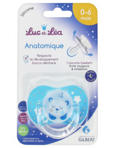 Luc et Léa Sucette Silicone Anatomique avec Anneau Spéciale Nuit Modèle : Ours -  0-6 Mois - 1 unité